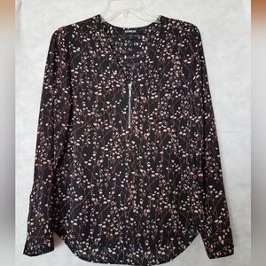 Express Black Floral Zip Front V-neck Tunic Blouse Size Small